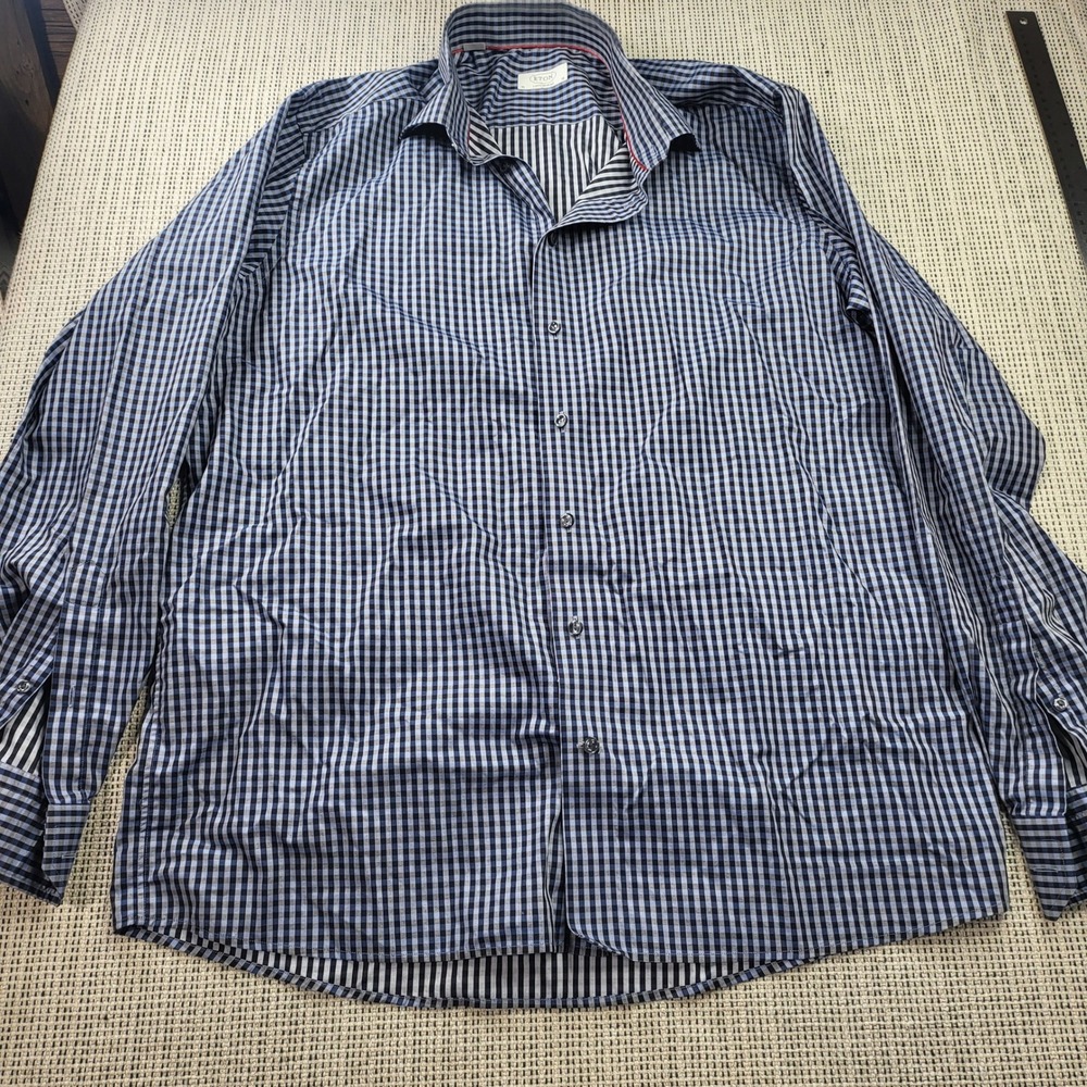 Eton Dress Shirt Mens 18 46 Blue Black Gingham Contemporary Fit Long Sleeve